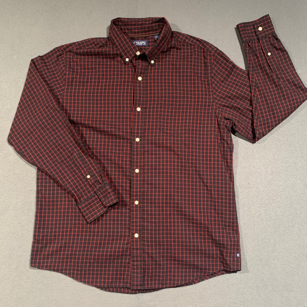 Chaps Button Down Shirt Mens XL Black Red Plaid Long Sleeve Casual Workwear